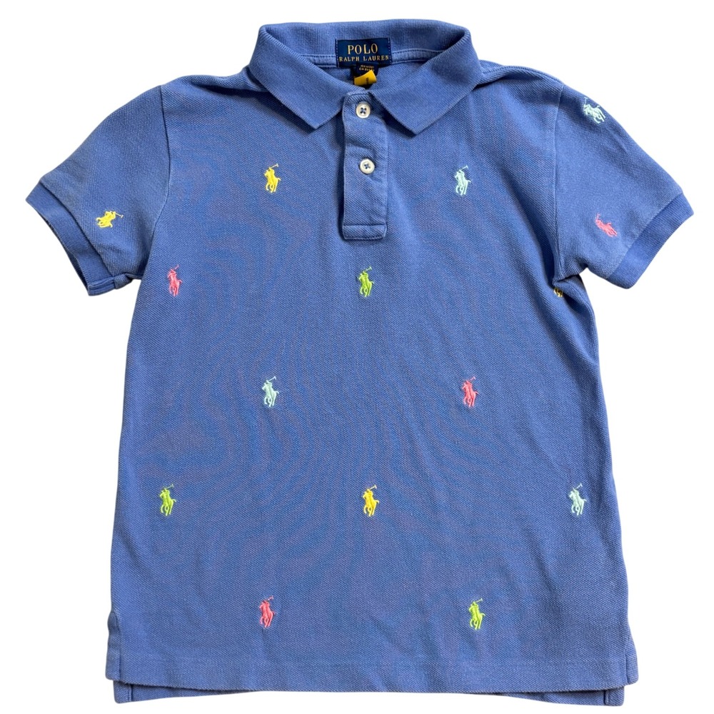 Polo Ralph Lauren Kids Blue Multi Color Embroidered Pony Polo Shirt Size 6